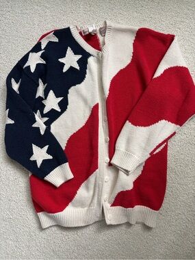 Vintage Patriotic Star & Stripe Knit Cardigan Sweater - Red White Blue